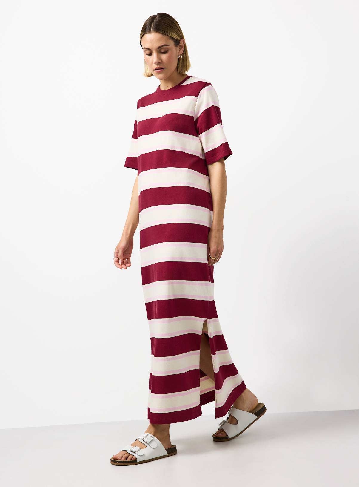 Dark Red Stripe Print Cotton Jersey Midaxi T-Shirt Dress 14 - Image 2